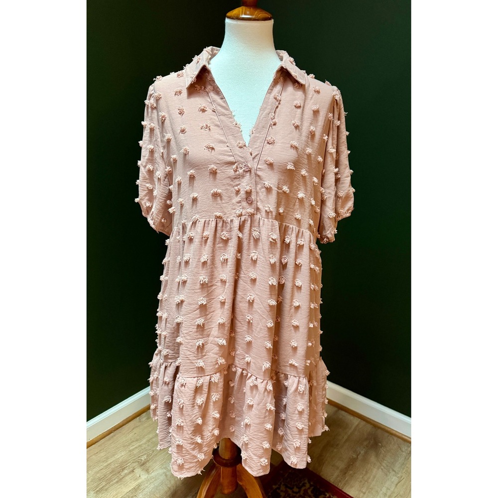 Very J Pink Boho Grandmacore Textured Pom Pom Short Sleeve Dress‎ Women's L